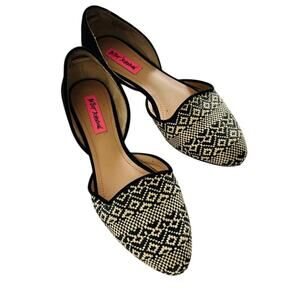 Betsey Johnson Cocoh Raffia Slip On Shoes Size 8.5 Tan Black Weaved D'Orsay Flat